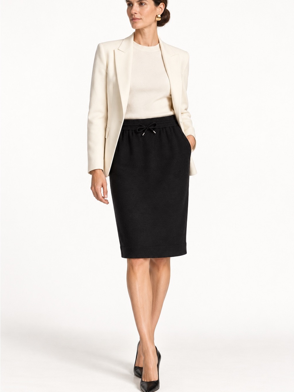 AKRIS Drawstring Wool Pencil Skirt Women's 6 Black Quiet Luxury